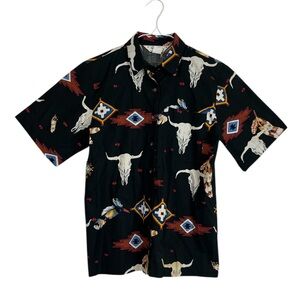 Vintage Sharon Young Dallas Cow Skull Western Print Button Down Shirt Size 6